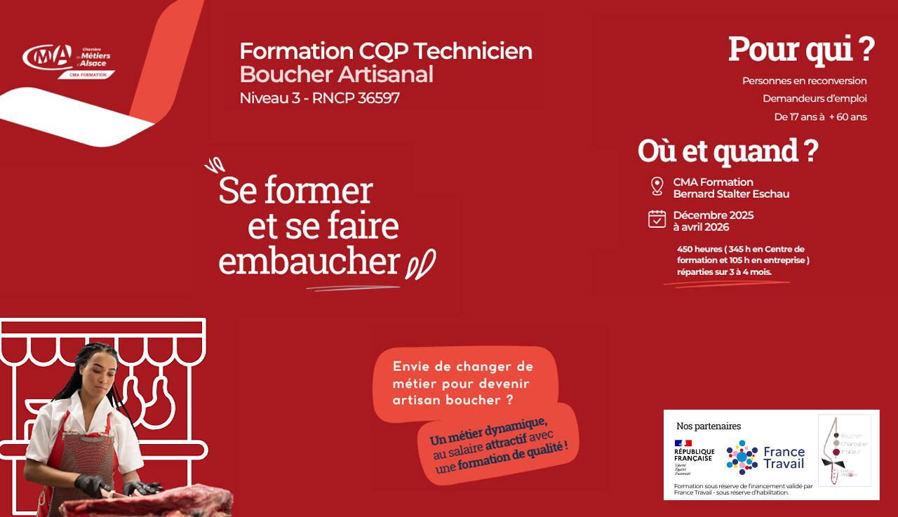 visuel pour la formation CQP Boucher de la Chambre de métiers d'Alsace