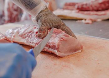 Photo en gros plan sur le travail de découpe de viande par apprenti en CTM Boucher Charcutier Traiteur