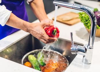 Personne qui lave des légumes dans un évier 