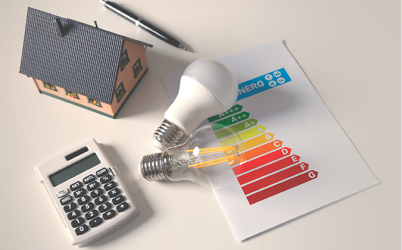 Des ampoules, un diagnostic énergétique, une calculatrice et une petite maison