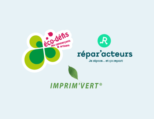 3 logos : éco-défis ; répar'acteurs ; Imprim'vert