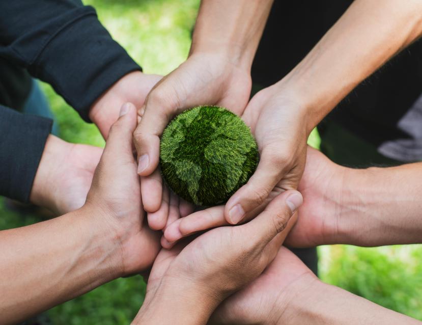 4 paires de main qui tiennent dans leur creux une mini planète Terre faites d'herbes 
